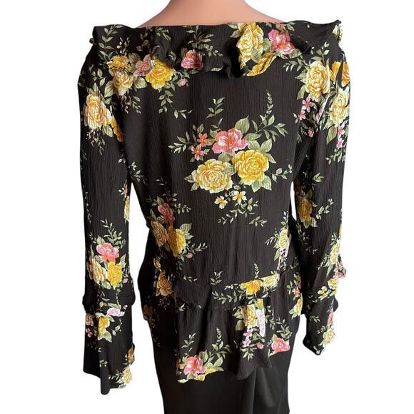 American Eagle Floral Bell Sleeve Ruffle Blouse L Vee Neck Party Romantic Fairy - Picture 3 of 5